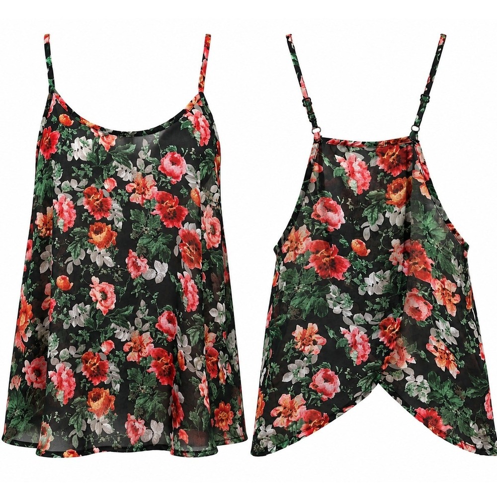 Ambiance Apparel Womens S Black Red Floral Chiffon Camisole Open Tulip Back Boho